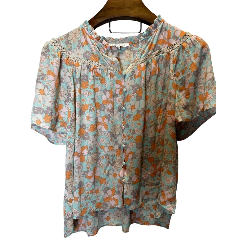 Rose‎ Olive Floral Print Button Up Blouse Short Sleeve Ruffle Neck Mint Orange M